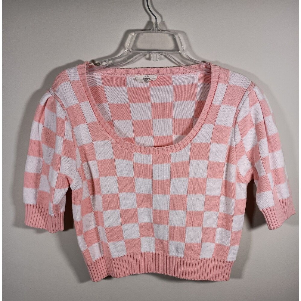 Entro Pink White Checkered Short Sleeve Cropped Scoop Cotton Sweater Size Large
